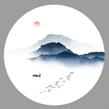 圓形水墨山水畫