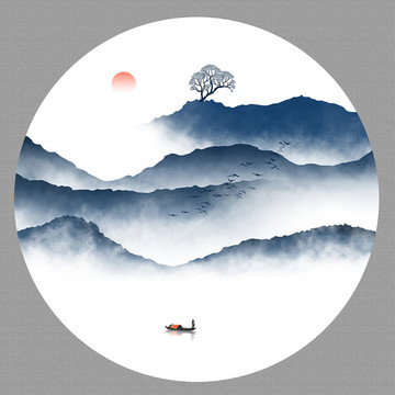 圓形水墨山水畫