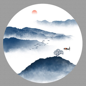 圓形水墨山水畫