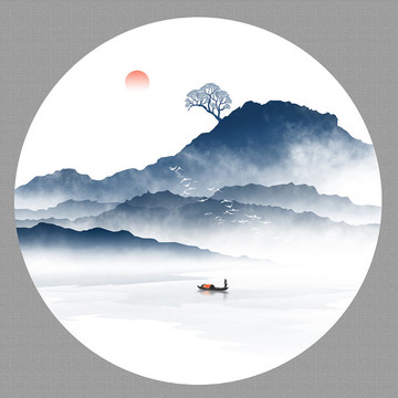 圓形水墨山水畫
