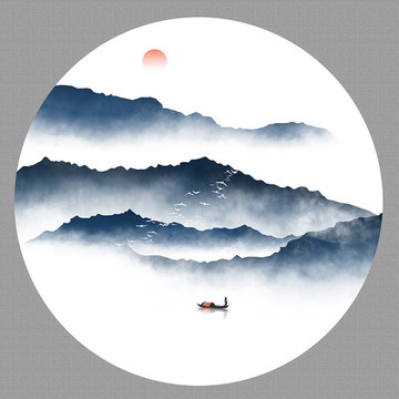 圓形水墨山水畫