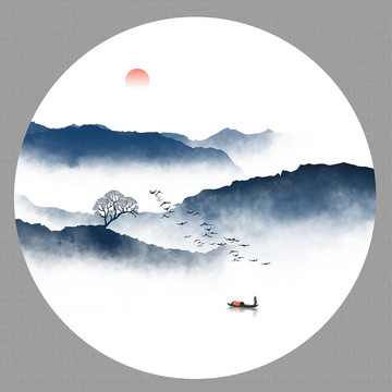 圓形水墨山水畫