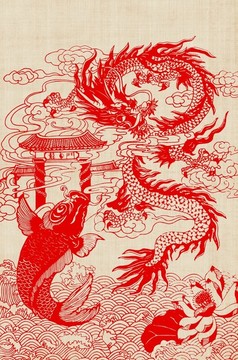 鯉魚躍龍門 剪紙 手繪