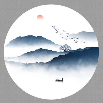 圓形水墨山水畫