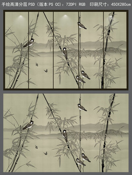 手绘工笔竹鸟图新中式软装装饰画