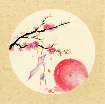 古傘桃花裝飾畫
