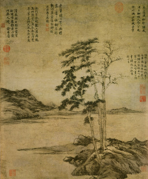 元 倪瓚 疏林圖軸