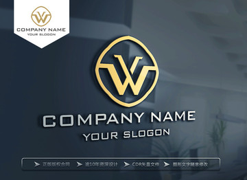 W字母金色LOGO设计标志