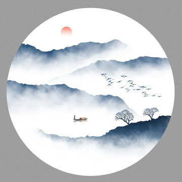 圓形水墨山水畫