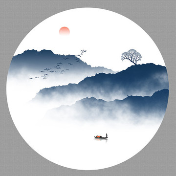 圓形水墨山水畫