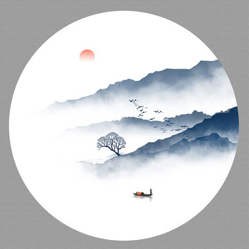 圓形水墨山水畫