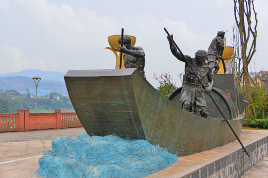民俗雕塑 赤水河 纤夫和船工