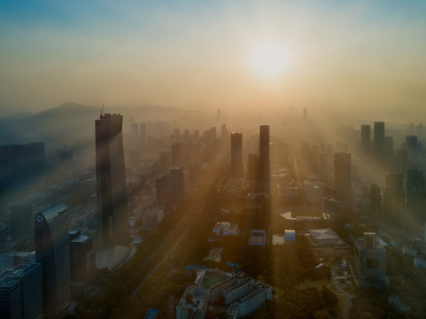 航拍深圳科技园 日出耶稣光