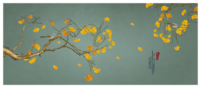 工筆花鳥畫銀杏葉裝飾畫