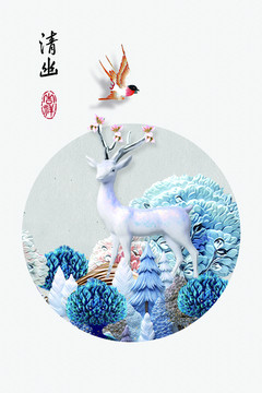 新中式简约烤瓷浮雕发财鹿装饰画