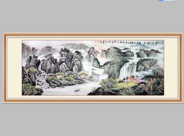 春江帆影水墨山水國畫藝術背景墻