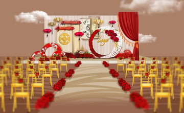 红色中式色户外婚礼手绘效果图