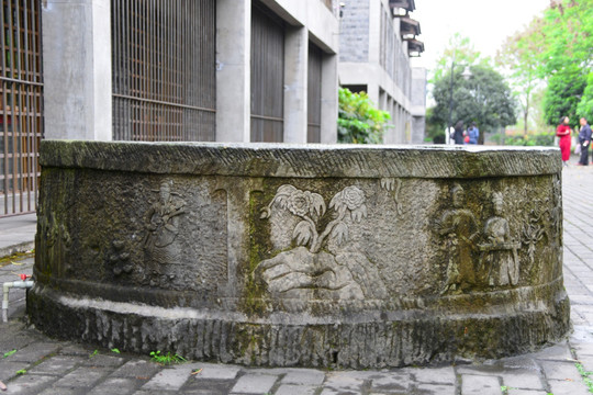 中式石缸石刻 山水人物