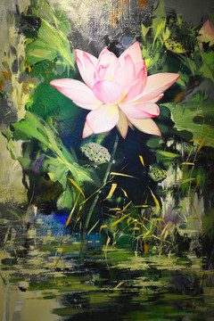 荷花油畫