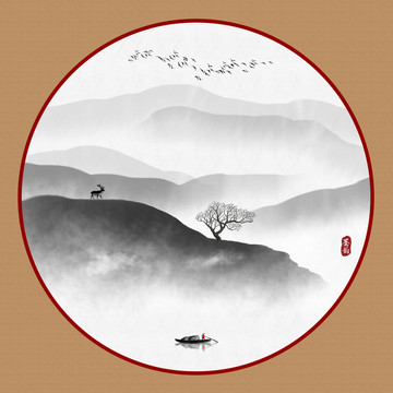 中式山水畫手繪風(fēng)景