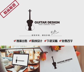 吉他 侧脸标志logo设计