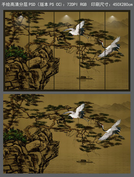 手绘中式古典松鹤山水背景墙壁画