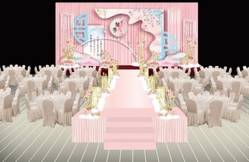 新中式粉蓝色婚礼主题舞台背景