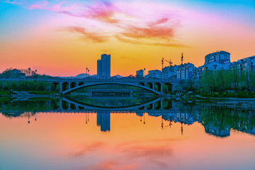 青州城市风光 湖景晚霞