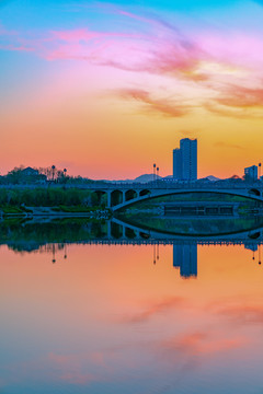 青州城市风光 湖景晚霞