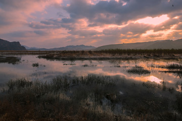 草原湿地黄昏云霞