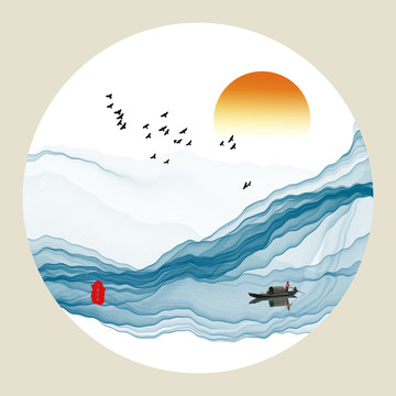 圓形小品水墨畫山水