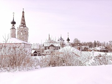 俄罗斯村庄小教堂风景装饰油画