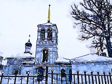 教堂建筑写生水彩画
