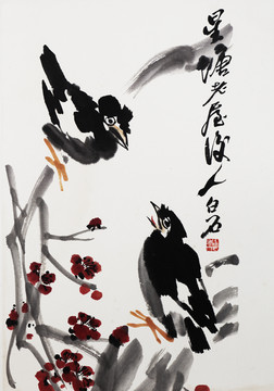 齊白石十二開冊頁喜鵲鳴春圖