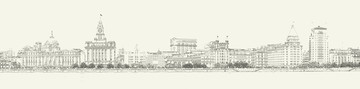 上海外灘老建筑全景線描