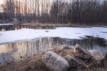 暮色中的冰雪湿地