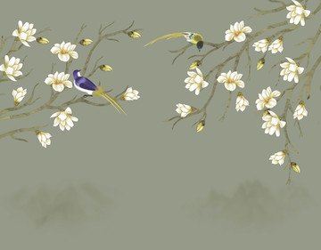 玉蘭花鳥背景墻裝飾畫
