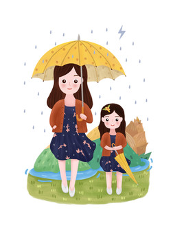 親子插畫母女雨傘