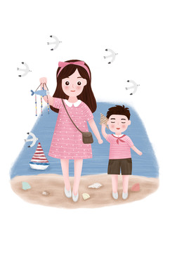 親子插畫母子海邊