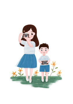 親子插畫母子拍照