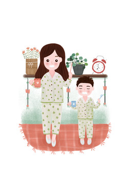 親子插畫母子刷牙