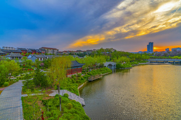 青州南阳河风景区城市晚霞风景