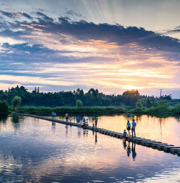 夕阳 湖泊 戏水