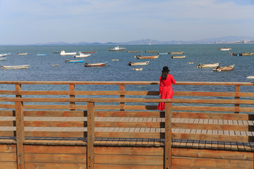 海边看海的红衣女子