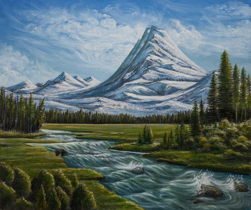 风景油画 油画 雪山河流油画