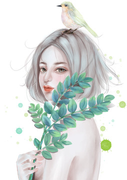 小清新女孩與鳥插畫封面圖