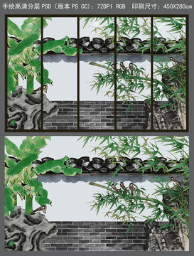 手绘中式庭园工笔竹鸟背景墙壁画