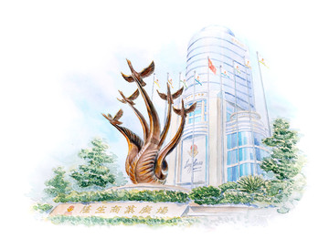 水彩商業(yè)建筑 手繪大廈
