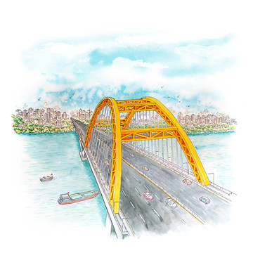 水彩金色大橋 橋梁手繪