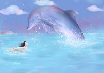 唯美插画图女孩与海豚